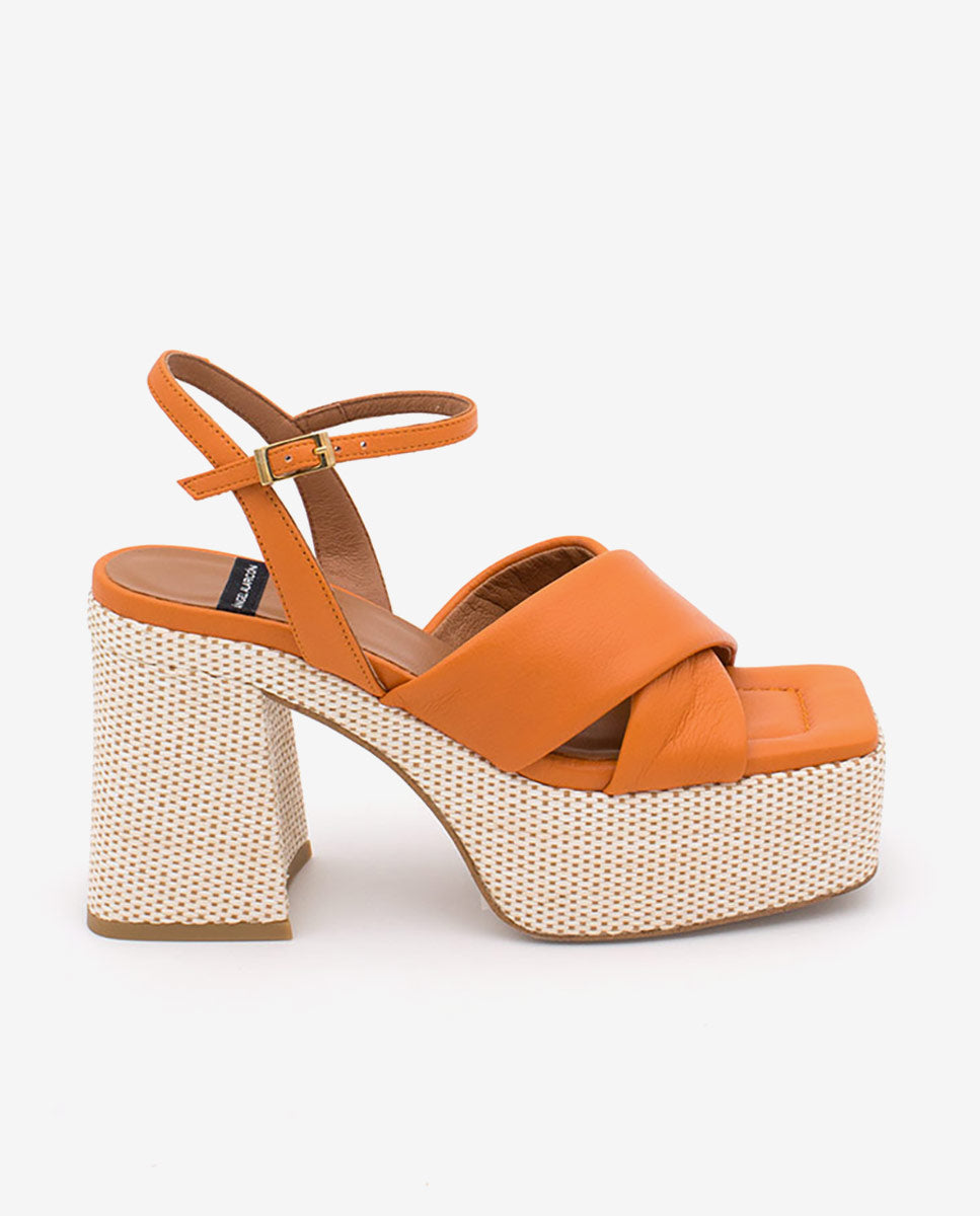 SANGALO – Sandalia de piel acolchada de tacón ancho y plataforma de rafia – Talla 36 – Ángel Alarcón