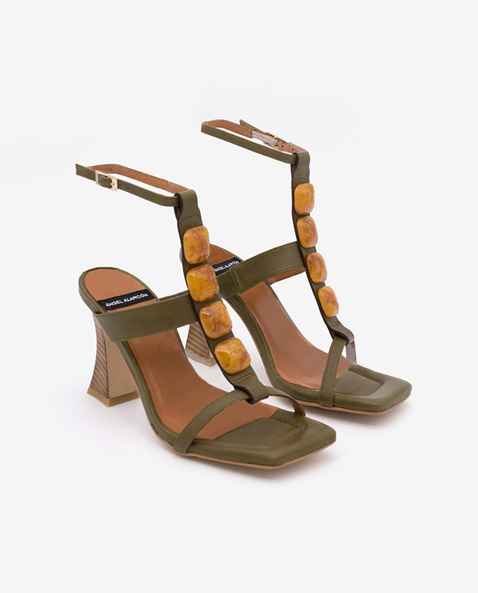MASAL – Sandalia de piel T-strap con adorno carey con pulsera y tacón alto – Talla 37 – Ángel Alarcón