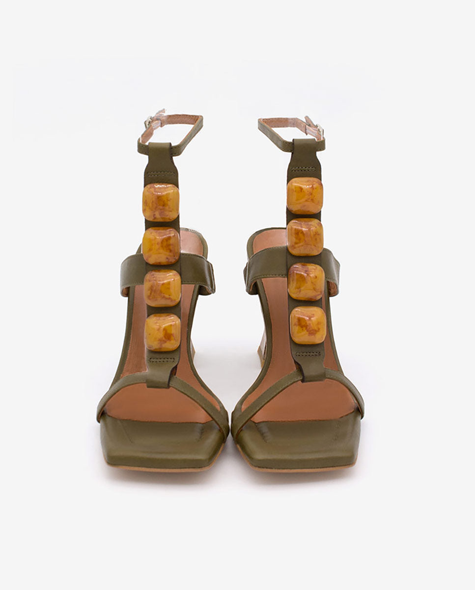 MASAL – Sandalia de piel T-strap con adorno carey con pulsera y tacón alto – Talla 41 – Ángel Alarcón