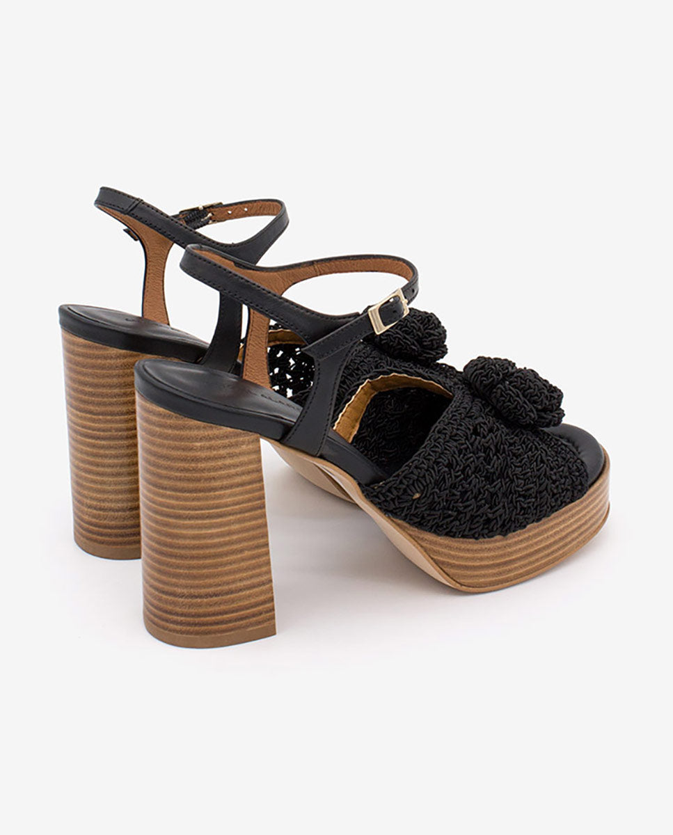 ELTERE – Sandalia de crochet y piel con tacón alto y plataforma – negro – Talla 39 – Ángel Alarcón