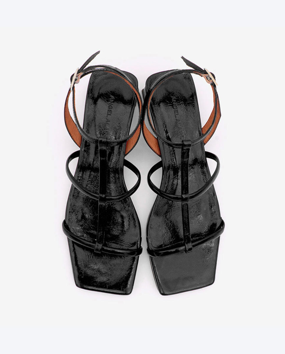RACHEL – Sandalia de tiras t-strap con tacón bajo en piel brillante texturizada – negro – Talla 41 – Ángel Alarcón