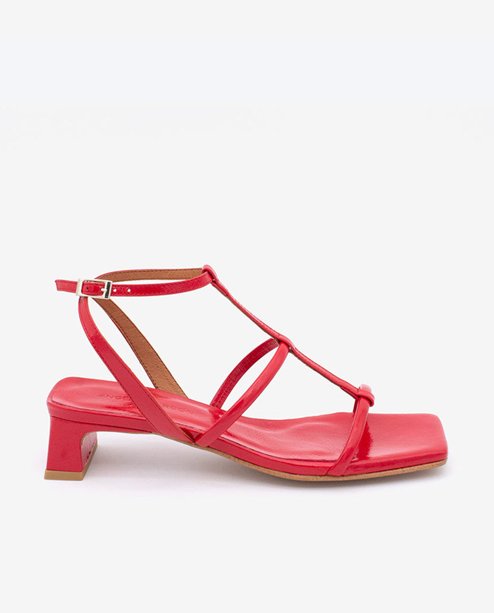 RACHEL – Sandalia de tiras t-strap con tacón bajo en piel brillante texturizada – Talla 36 – Ángel Alarcón