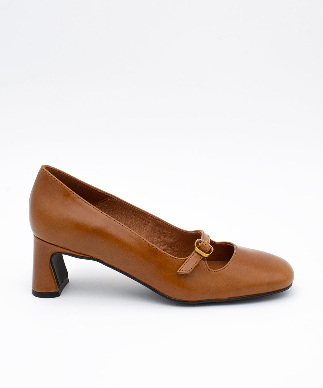 KAIRA – Merceditas de piel semibrillo con tacón ancho y correa con hebilla – marrón – Talla 35 – Ángel Alarcón