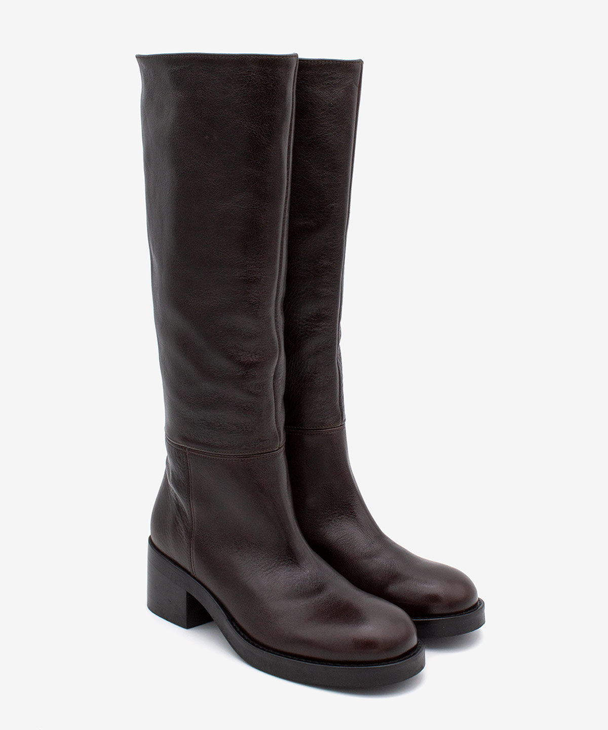 ICITA – Bota de caña alta con suela ancha y tacón cómodo de piel natural – marrón oscuro – Talla 38 – Ángel Alarcón
