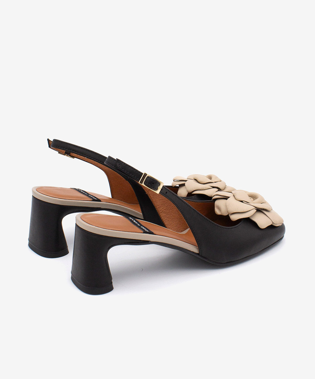 FLORA – Salón destalonado con tacón ancho y flor de adorno bicolor – negro – Talla 37 – Ángel Alarcón