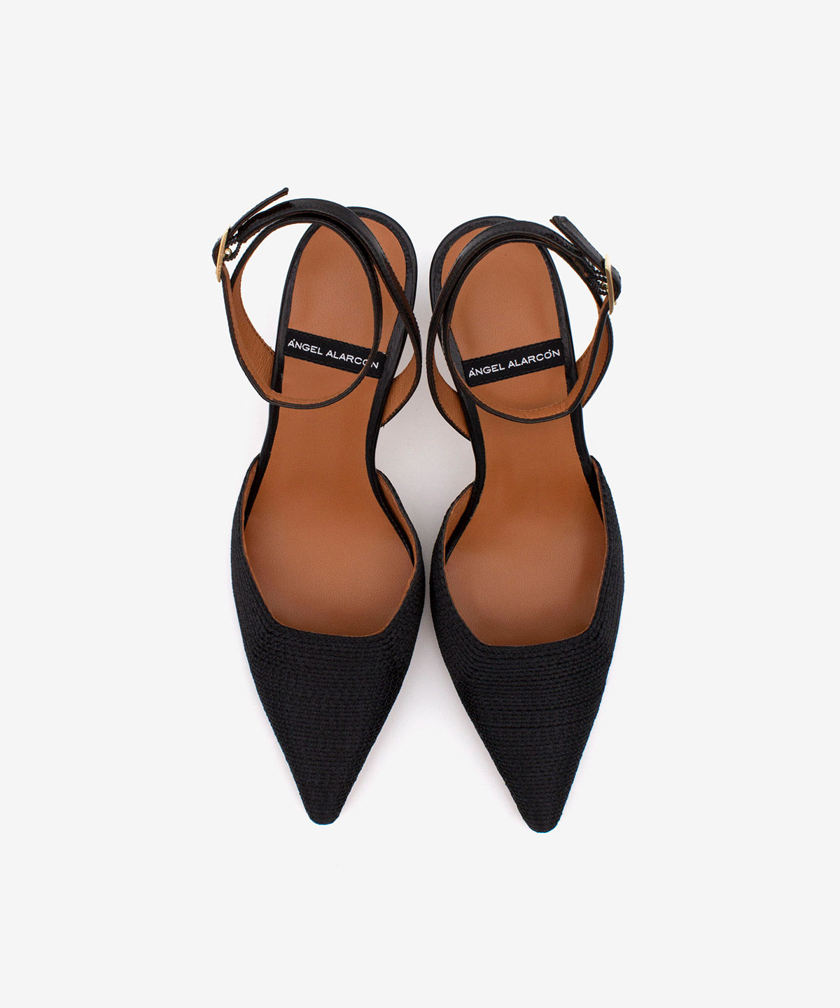 AMALIA – Stiletto destalonado con pulsera y tacón comodo de rafia y piel – negro – Talla 39 – Ángel Alarcón