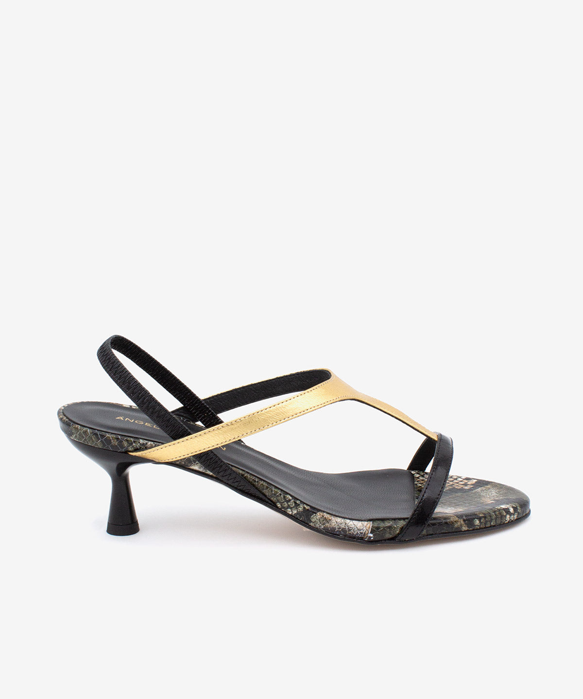 CINZA – Sandalia elegante de tacón fino medio multicolor negro dorado y print serpiente verde - Zapatos Negros - Zapatos de mujer Ángel Alarcón - Women Shoes 2026