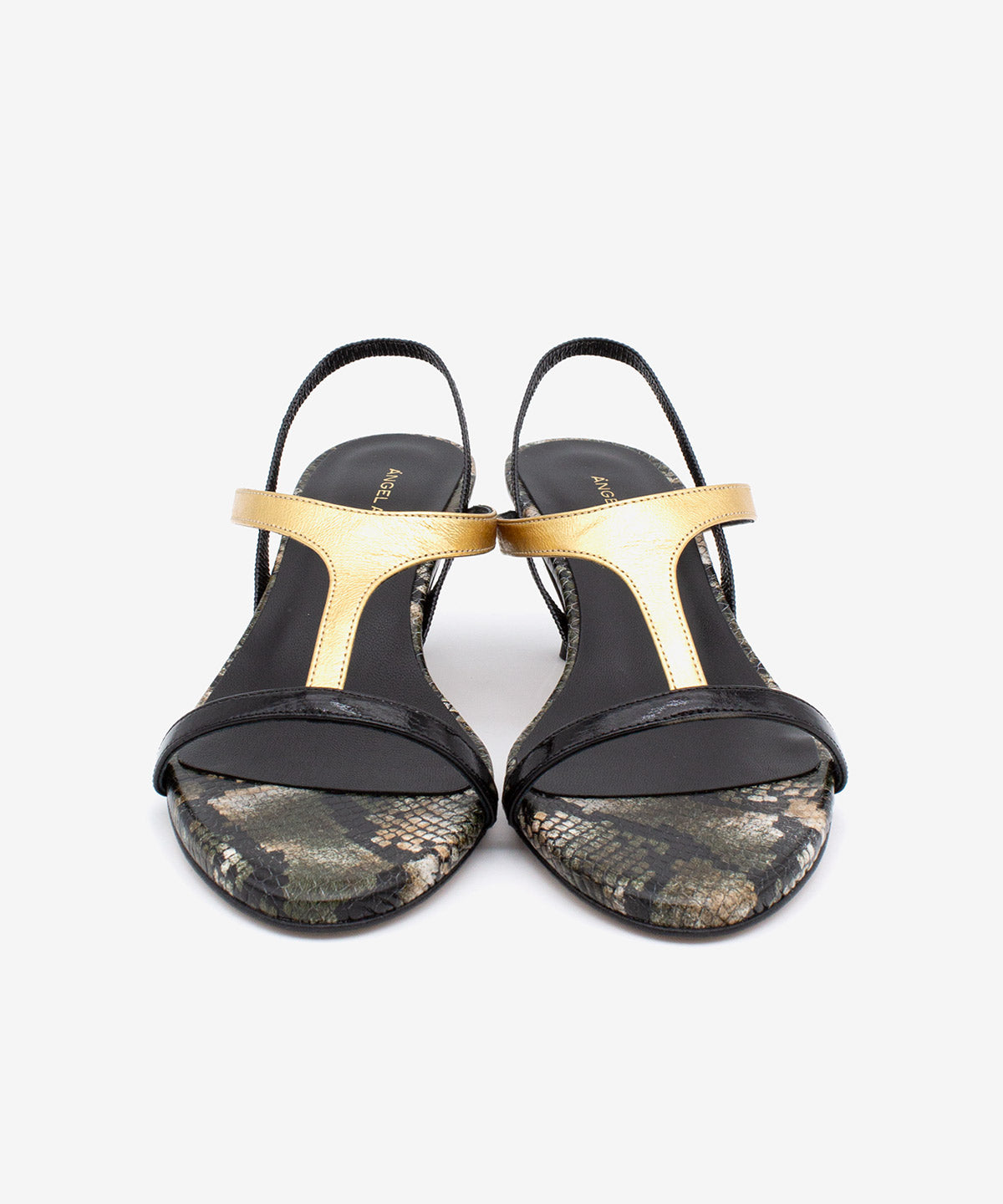 CINZA – Sandalia elegante de tacón fino medio multicolor negro dorado y print serpiente verde - Zapatos Negros - Zapatos de mujer Ángel Alarcón - Women Shoes 2026