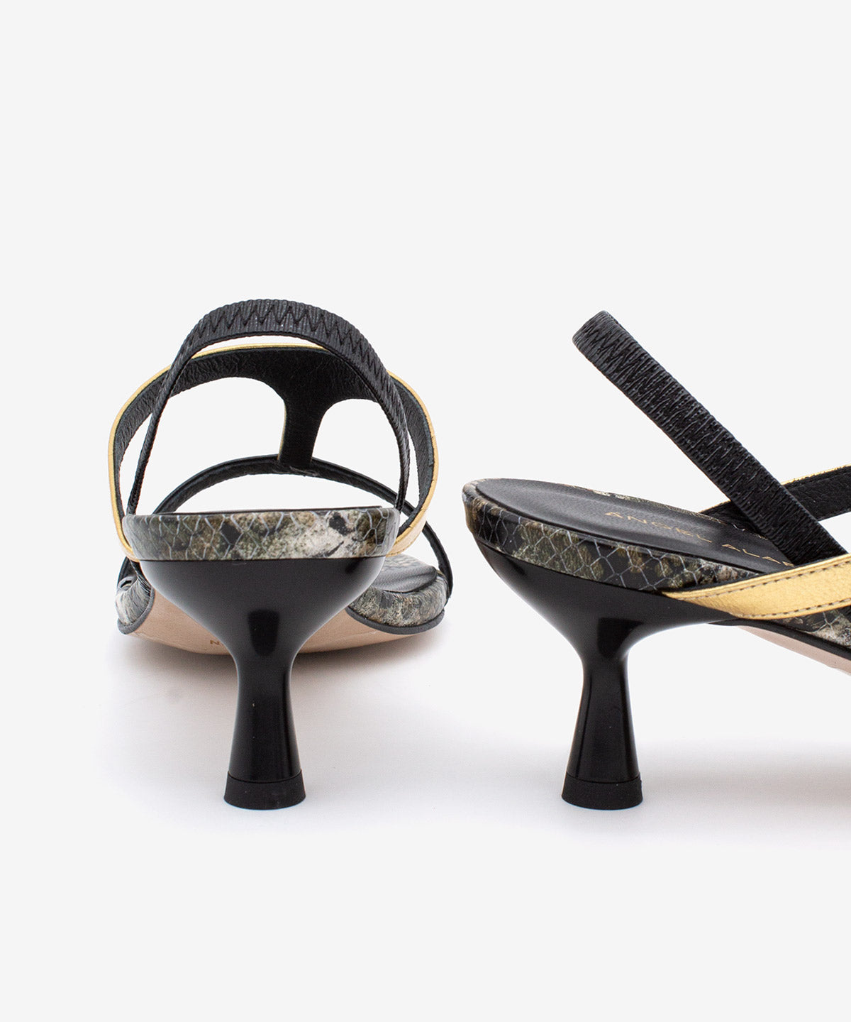 CINZA – Sandalia elegante de tacón fino medio multicolor negro dorado y print serpiente verde - Zapatos Negros - Zapatos de mujer Ángel Alarcón - Women Shoes 2026
