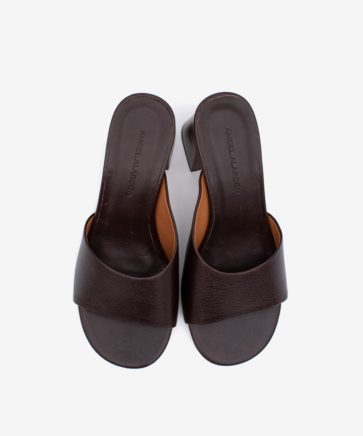 PATRIZIA – Mule de piel natura con tacón alto ancho efecto madera – marrón oscuro – Talla 37 – Ángel Alarcón