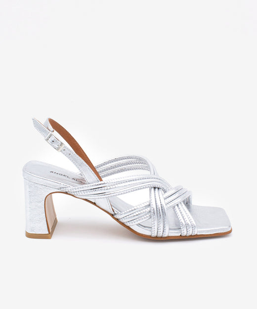 AURORA – Sandalia de tiras acolchadas con tacón ancho de piel metalizada – plata – Talla 35 – Ángel Alarcón