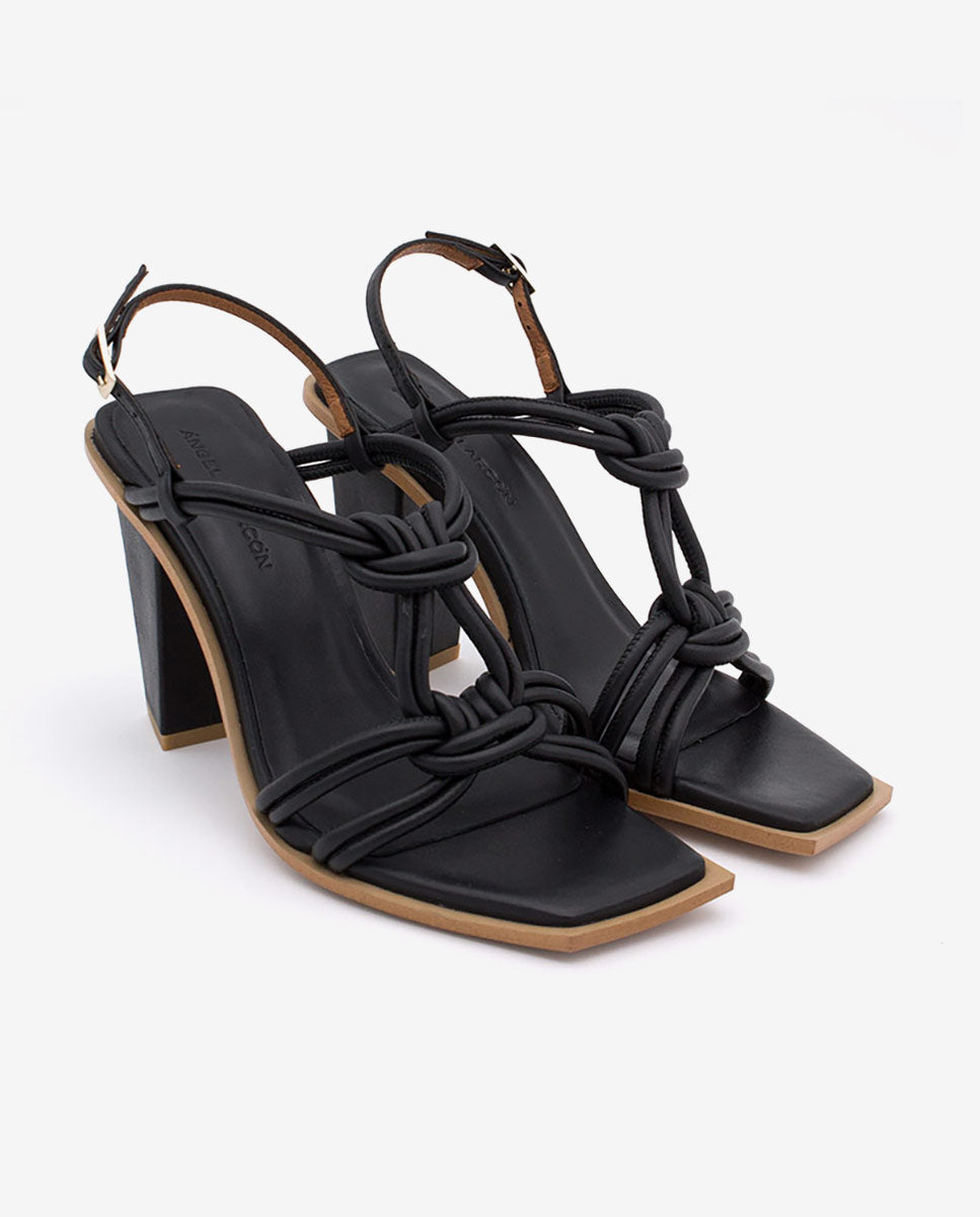 ARCHER – Sandalia de tiras anudadas con tacón original de piel – negro – Talla 38 – Ángel Alarcón