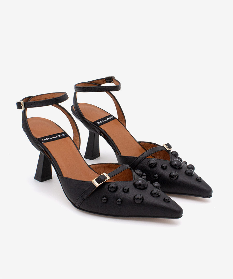 THERESE - Zapatos de salón atado al tobillo con adornos de piel – negro – Talla 40 – Ángel Alarcón