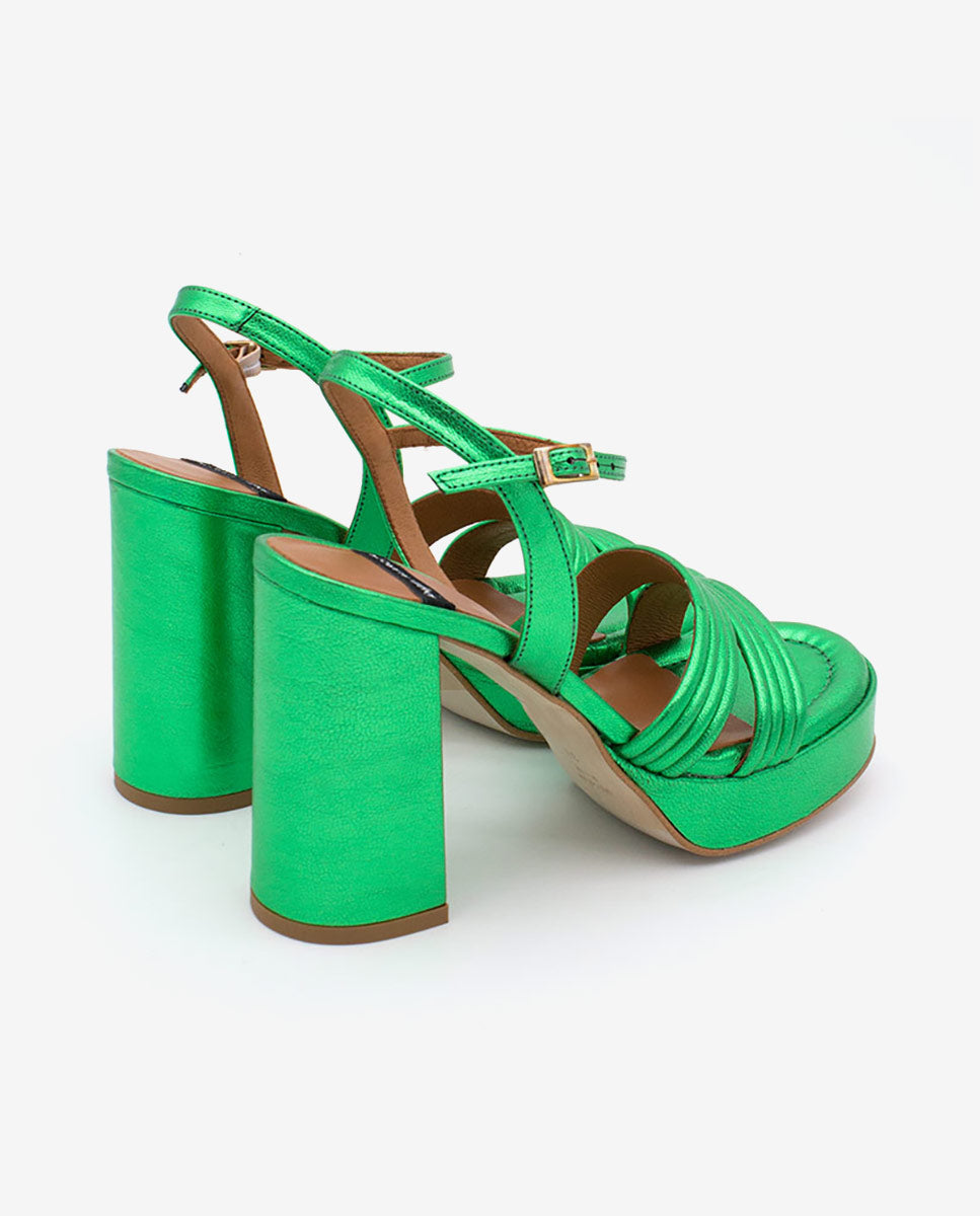 AMBER – Sandalia de tiras de piel metalizada con tacón ancho y plataforma – verde – Talla 38 – Ángel Alarcón