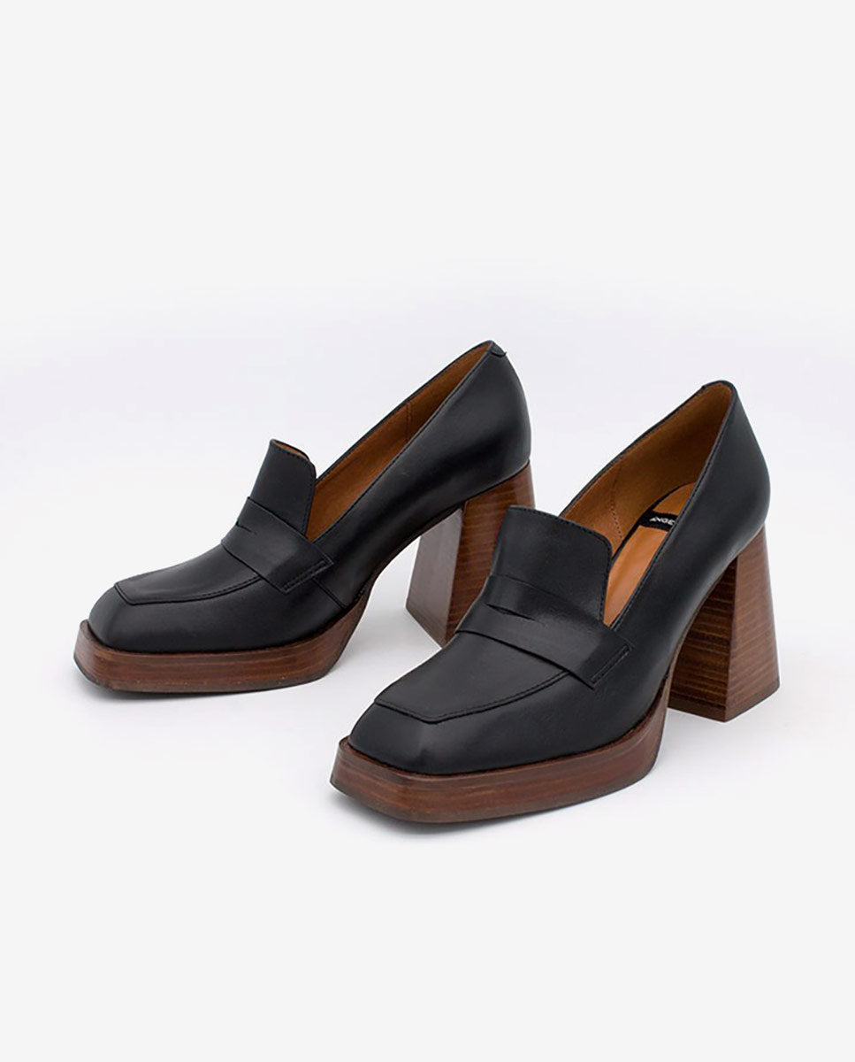 TULAR – Mocasín de piel con tacón alto, ancho y plataforma – negro – Talla 37 – Ángel Alarcón