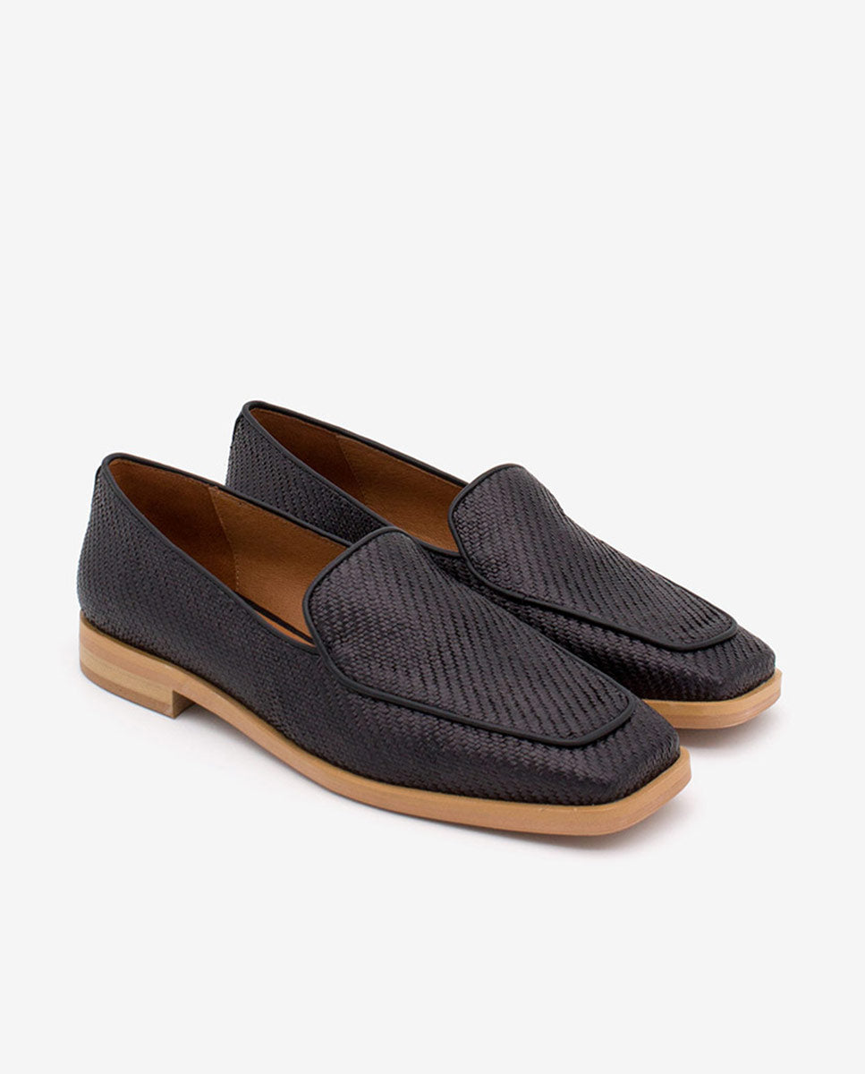 BAYAN – Mocasín de rafia y piel con puntera cuadrada – negro – Talla 38 – Ángel Alarcón