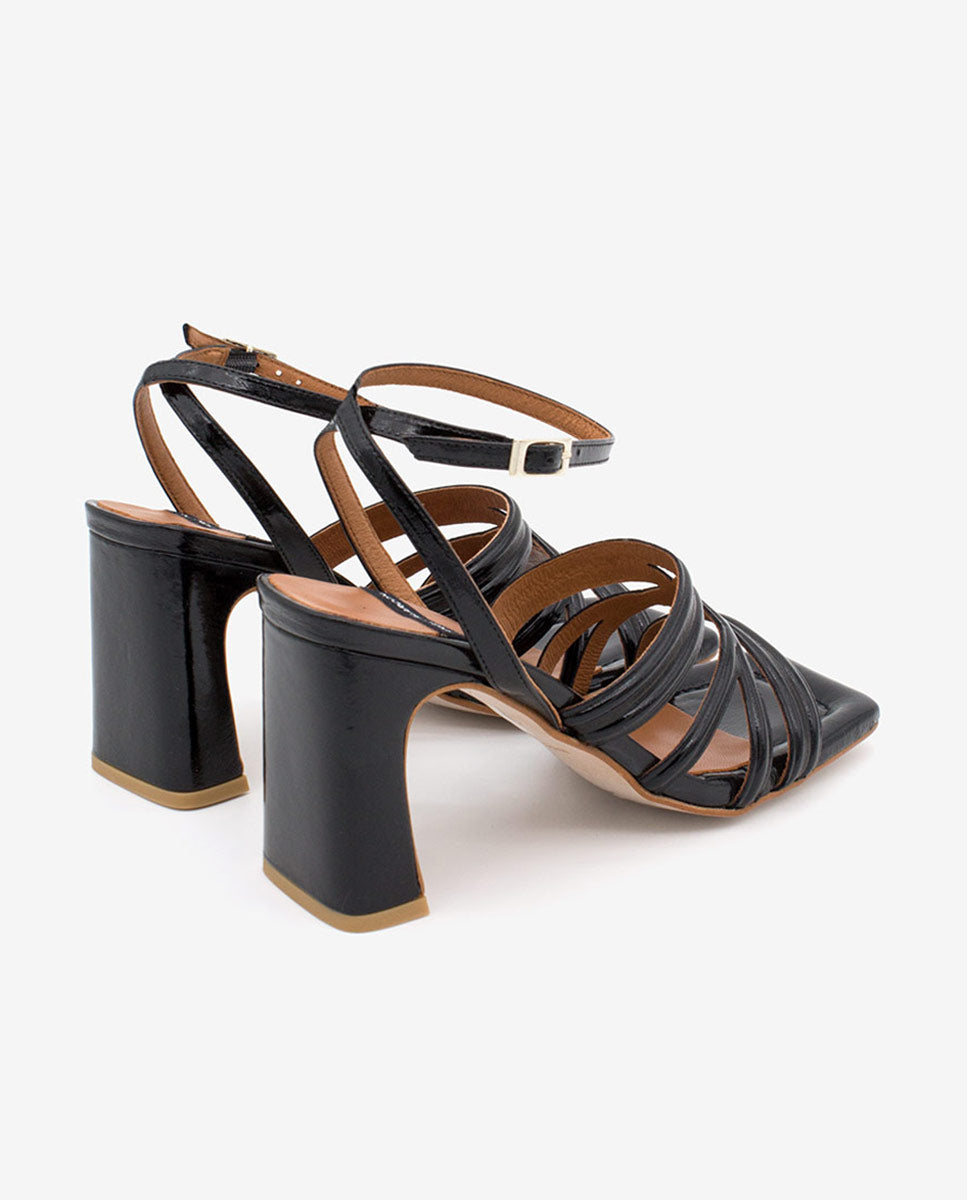 PANNE – Sandalia de piel brillante grabada con tacón alto – negro – Talla 40 – Ángel Alarcón