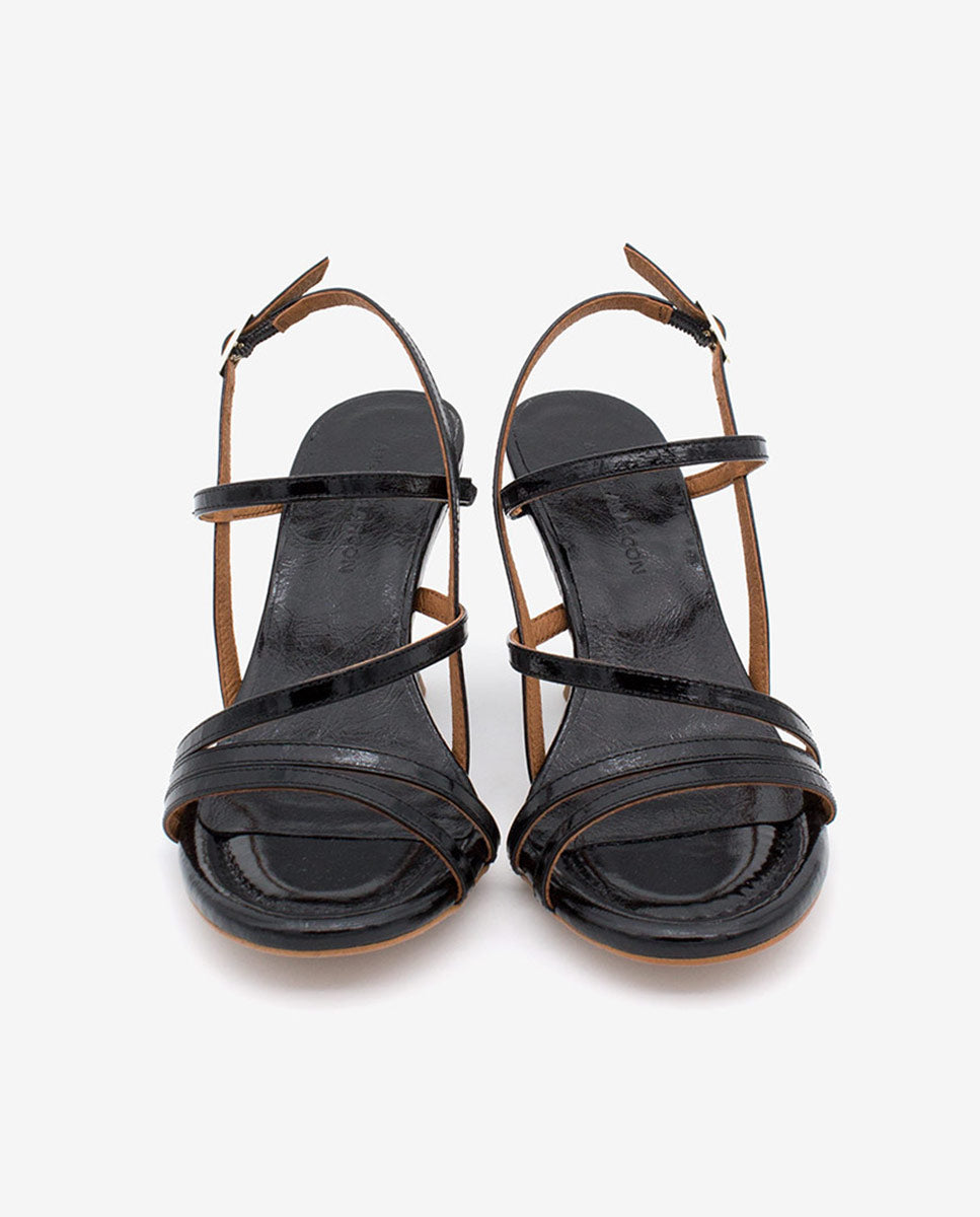 KARAN – Sandalia de tiras de piel texturizada con tacón de diseño – negro – Talla 39 – Ángel Alarcón