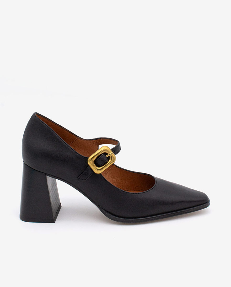 TRILEA – Merceditas de piel con punta fina, tacón ancho y hebilla – negro – Talla 39 – Ángel Alarcón