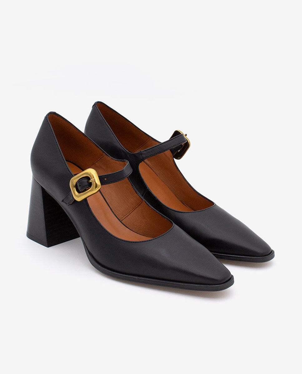 TRILEA – Merceditas de piel con punta fina, tacón ancho y hebilla – negro – Talla 39 – Ángel Alarcón