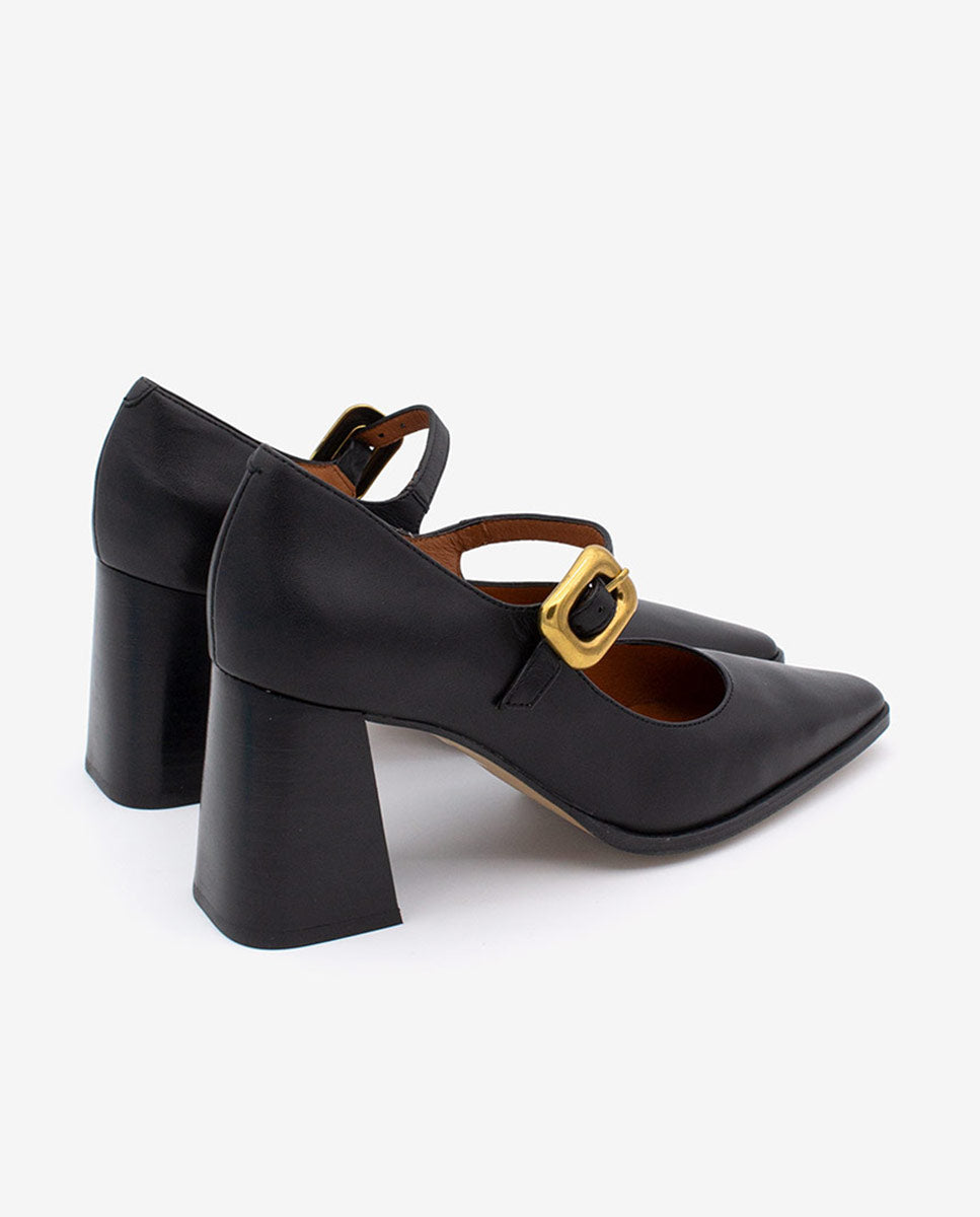 TRILEA – Merceditas de piel con punta fina, tacón ancho y hebilla – negro – Talla 40 – Ángel Alarcón