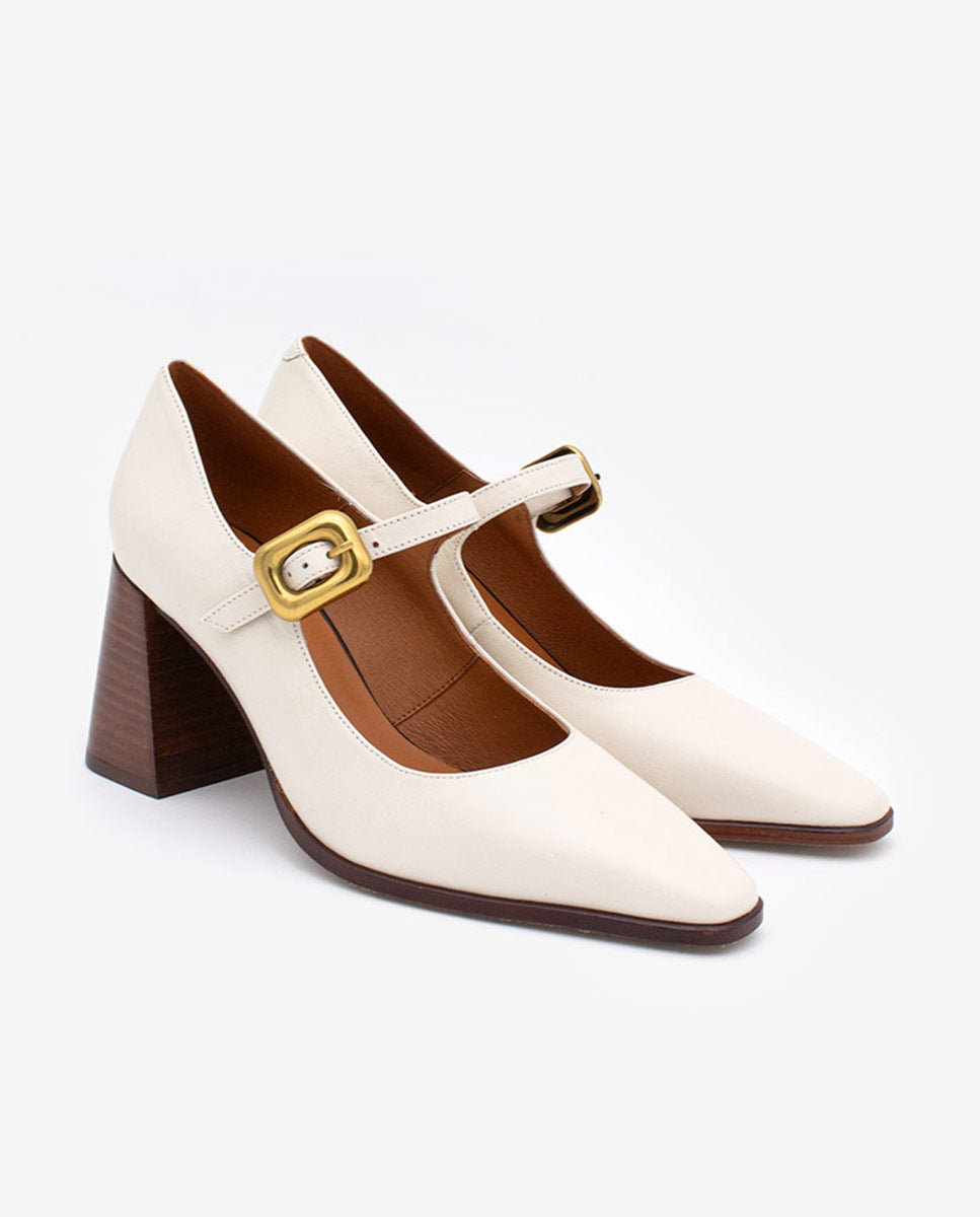 TRILEA – Merceditas de piel con punta fina, tacón ancho y hebilla – Talla 35 – Ángel Alarcón