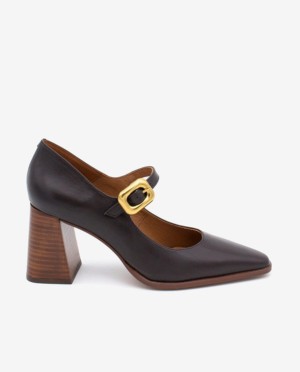 TRILEA – Merceditas de piel con punta fina, tacón ancho y hebilla – marrón oscuro – Talla 38 – Ángel Alarcón