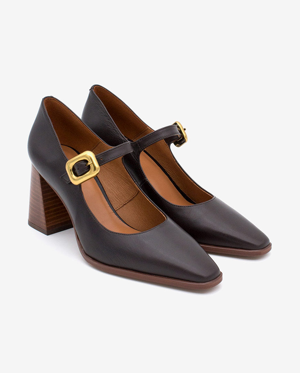 TRILEA – Merceditas de piel con punta fina, tacón ancho y hebilla – marrón oscuro – Talla 38 – Ángel Alarcón