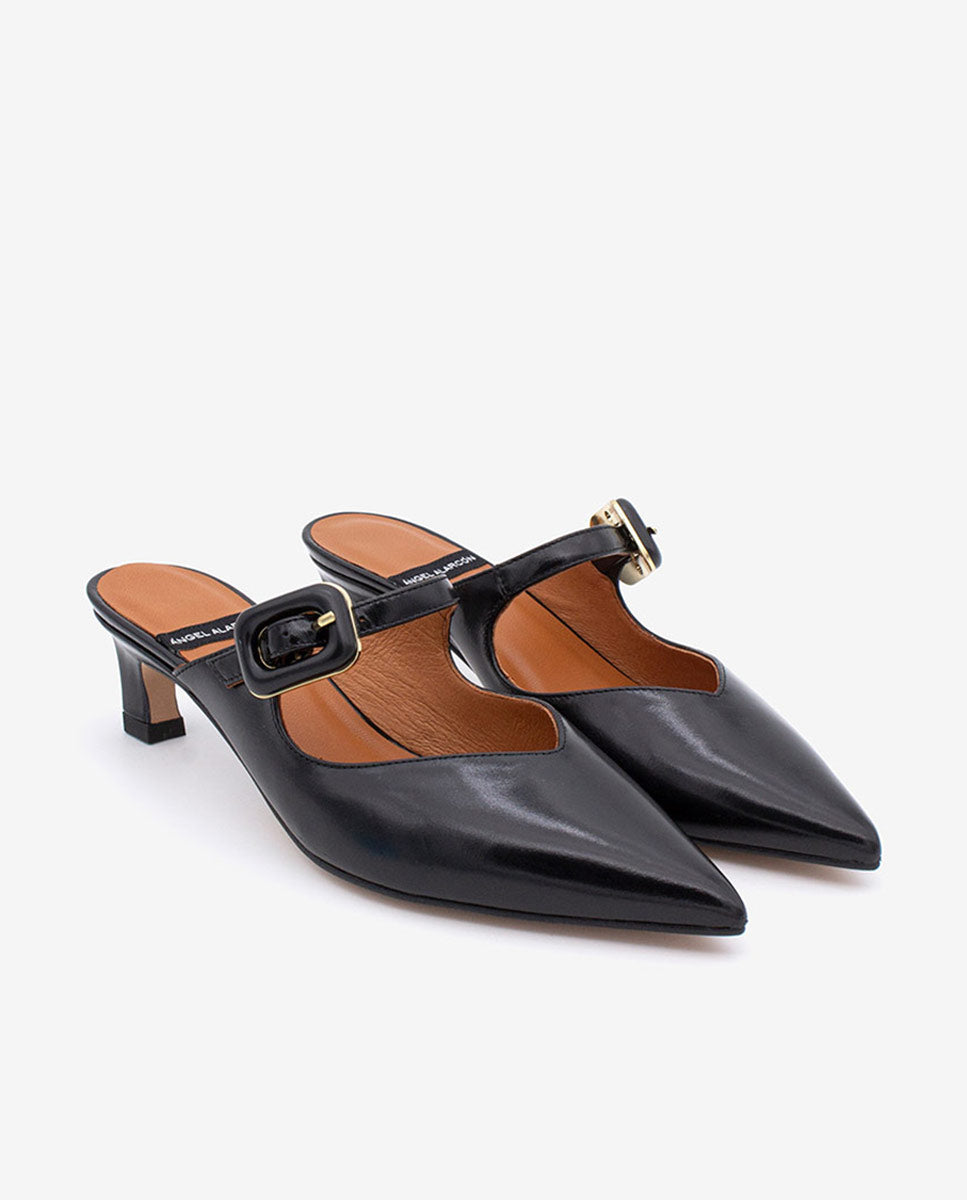YVONNE - Mules merceditas con tacón bajo de piel brillante – negro – Talla 37 – Ángel Alarcón