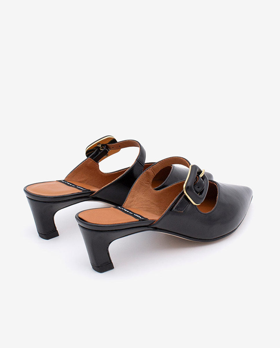 YVONNE - Mules merceditas con tacón bajo de piel brillante – negro – Talla 38 – Ángel Alarcón