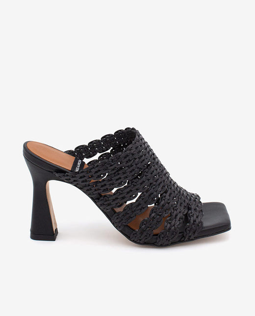 CORINE - Mule de tiras trenzadas tipo sandalia de tacón alto – negro – Talla 36 – Ángel Alarcón
