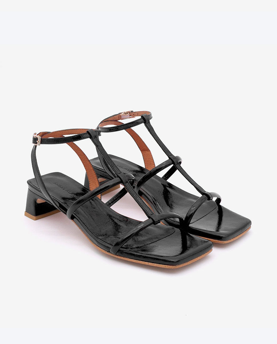 RACHEL – Sandalia de tiras t-strap con tacón bajo en piel brillante texturizada – negro – Talla 40 – Ángel Alarcón