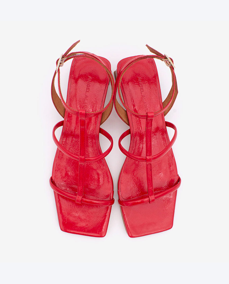 RACHEL – Sandalia de tiras t-strap con tacón bajo en piel brillante texturizada – Talla 37 – Ángel Alarcón
