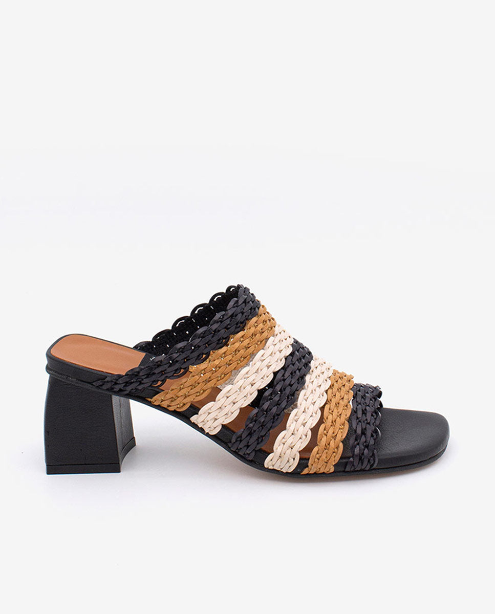 ROSE - Mules de tiras trenzadas multicolor con tacón ancho – negro – Talla 36 – Ángel Alarcón