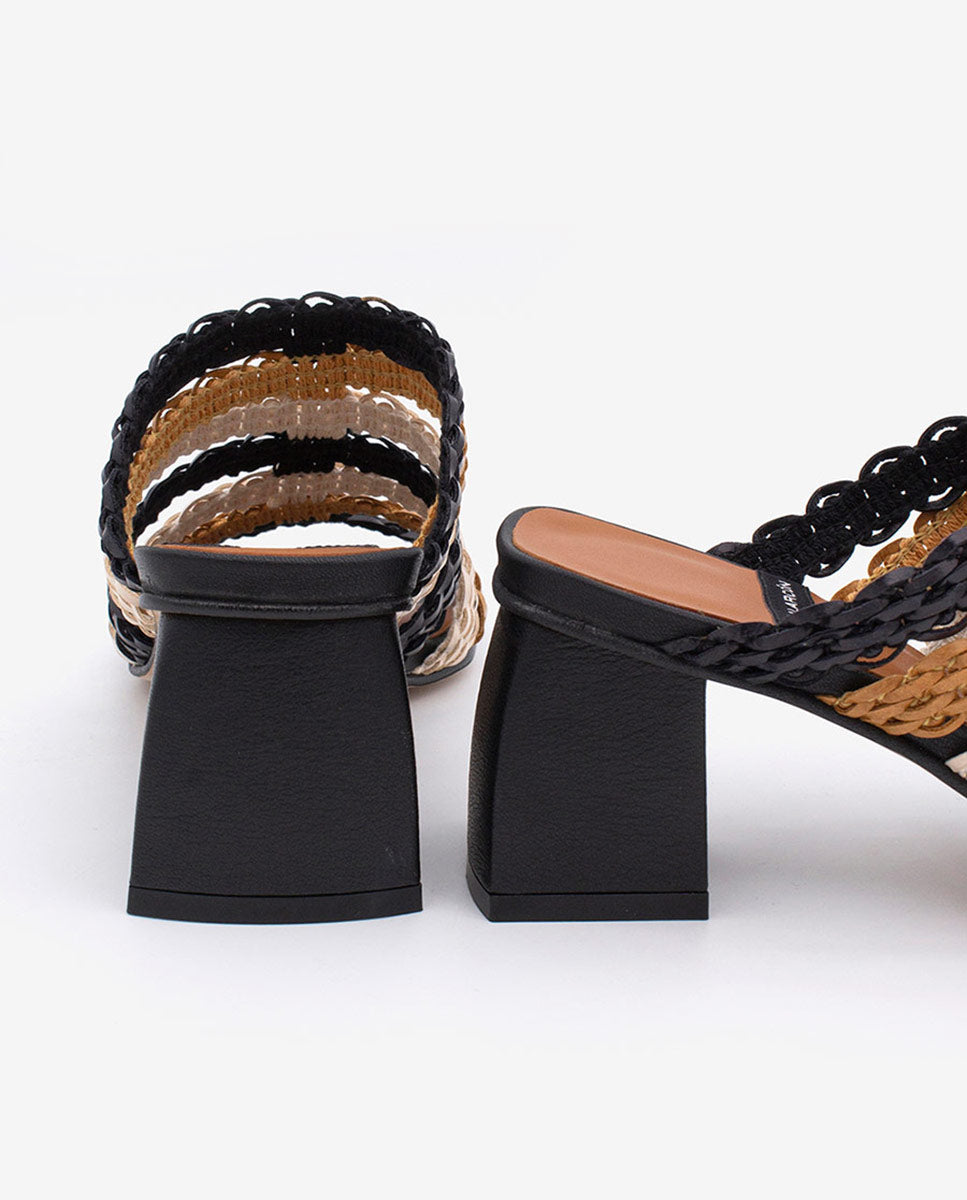 ROSE - Mules de tiras trenzadas multicolor con tacón ancho – negro – Talla 40 – Ángel Alarcón