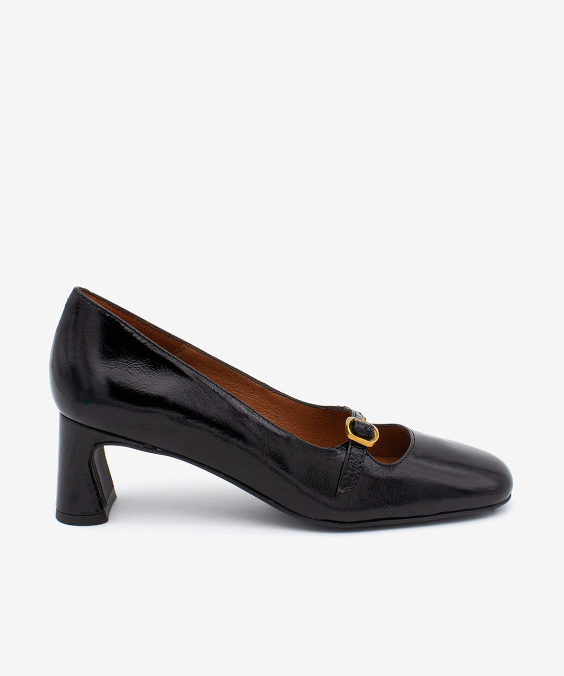 KAIRA – Merceditas de piel brillante texturizada con tacón ancho y correa con hebilla – negro – Talla 35 – Ángel Alarcón