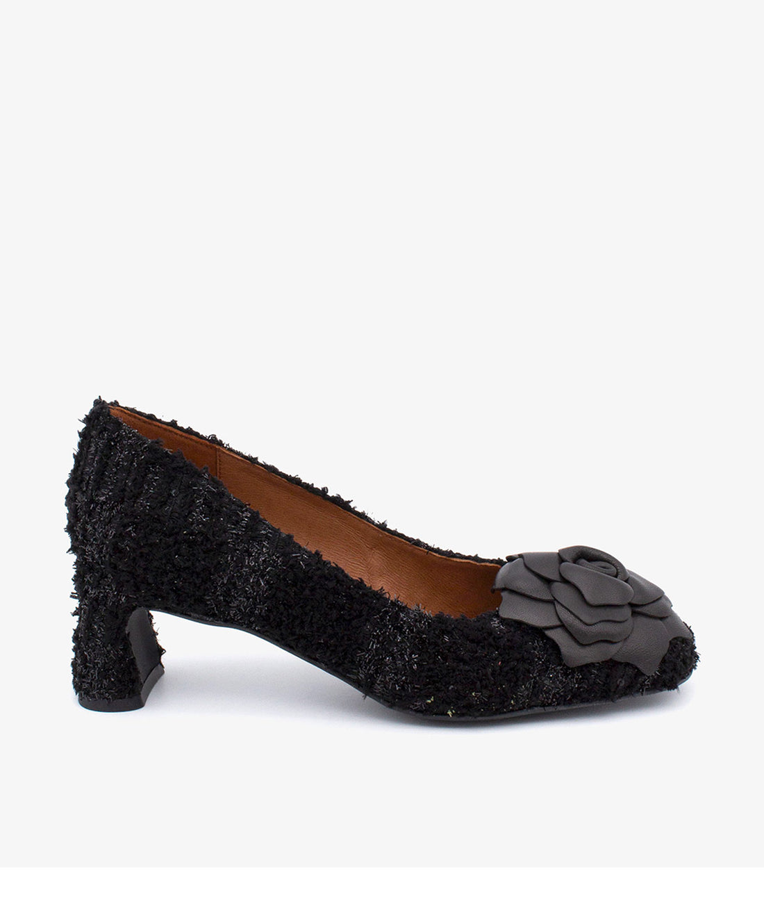 LORIETEX – Merceditas de textil fantasía con tacón ancho y adorno de flor de piel – negro – Talla 35 – Ángel Alarcón