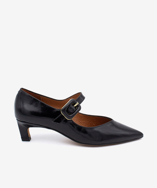 VICTORIA - Merceditas de piel acharolada con adorno de hebilla – negro – Talla 35 – Ángel Alarcón