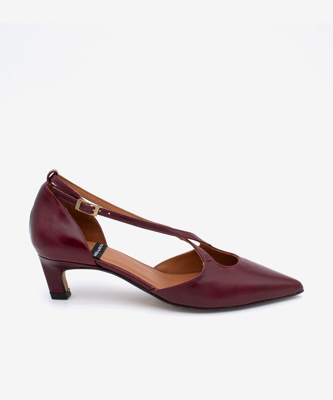 JOLIE – Zapato de pala y talón con cierre cruzado y tacón mini de piel con brillo – Talla 35 – Ángel Alarcón