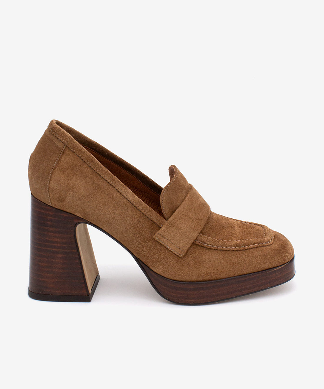 SISAI – Mocasín de mujer de serraje con tacón alto y plataforma de efecto madera – camel – Talla 35 – Ángel Alarcón