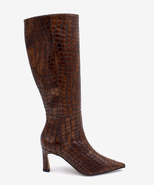 HATA – Bota de mujer con tacón alto fino de piel print croco – marrón – Talla 38 – Ángel Alarcón