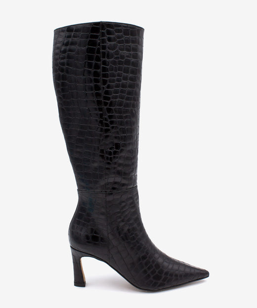 HATA – Bota de mujer con tacón alto fino de piel print croco – negro – Talla 35 – Ángel Alarcón