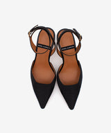 AMALIA – Stiletto destalonado con pulsera y tacón comodo de rafia y piel – negro – Talla 39 – Ángel Alarcón