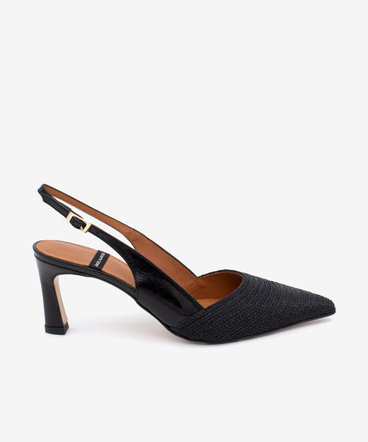 CAROLA – Stiletto destalonado con tacón alto de piel y pala de rafia – negro – Talla 37 – Ángel Alarcón