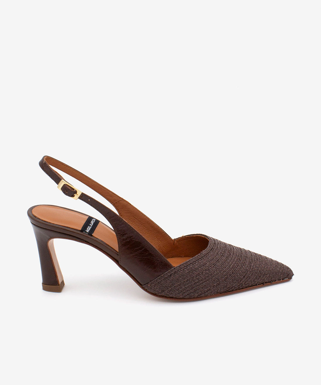 CAROLA – Stiletto destalonado con tacón alto de piel y pala de rafia – marrón oscuro – Talla 35 – Ángel Alarcón