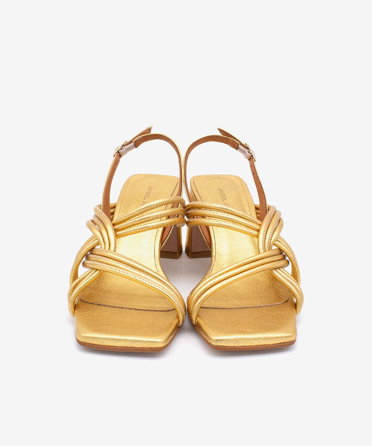AURORA – Sandalia de tiras acolchadas con tacón ancho de piel metalizada – oro – Talla 39 – Ángel Alarcón