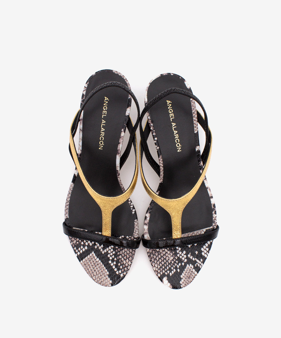 CINZA – Sandalia elegante de tacón de piel print serpiente, negro y dorado – negro – Talla 38 – Ángel Alarcón
