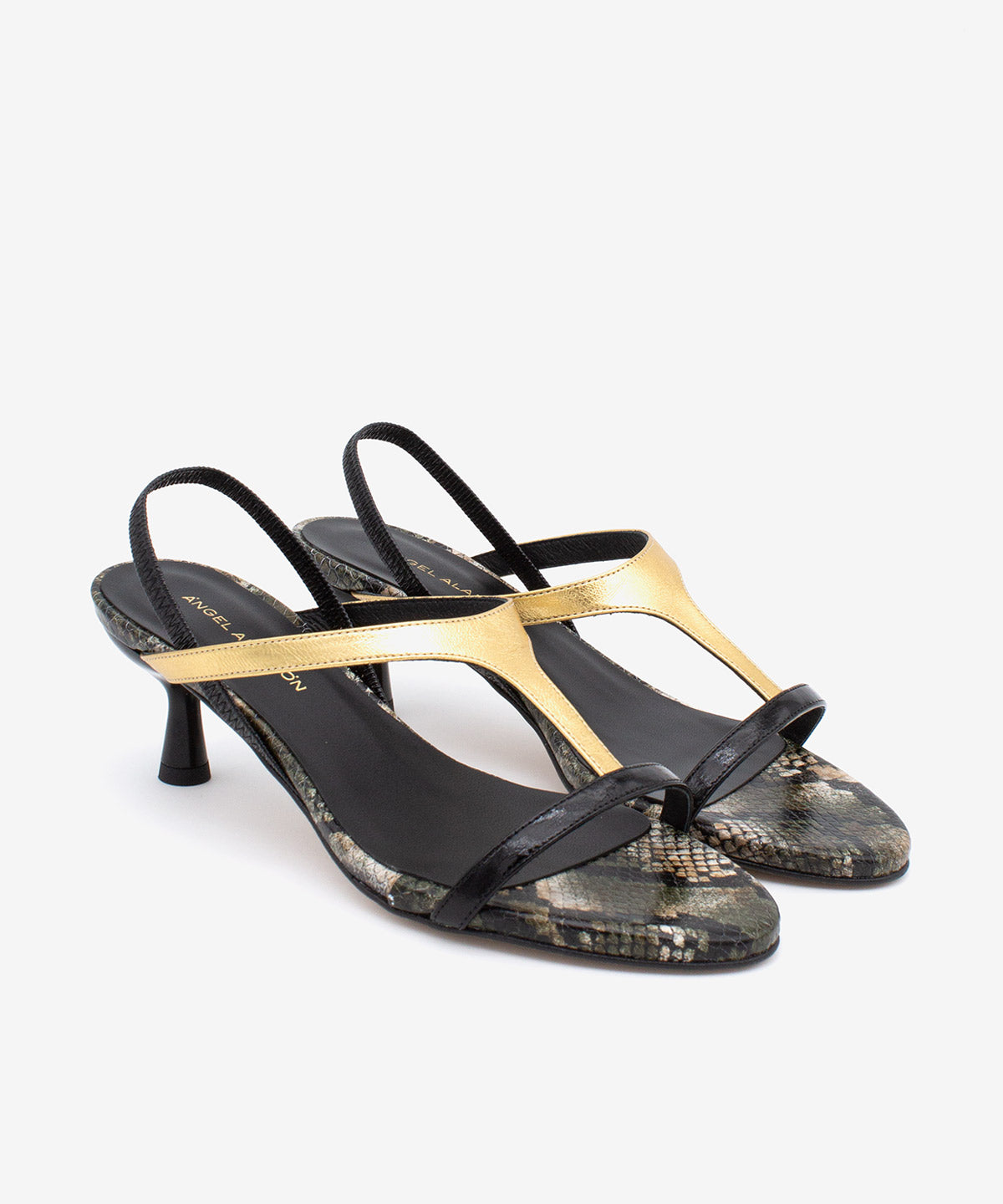 CINZA – Sandalia elegante de tacón fino medio multicolor negro dorado y print serpiente verde - Zapatos Negros - Zapatos de mujer Ángel Alarcón - Women Shoes 2026
