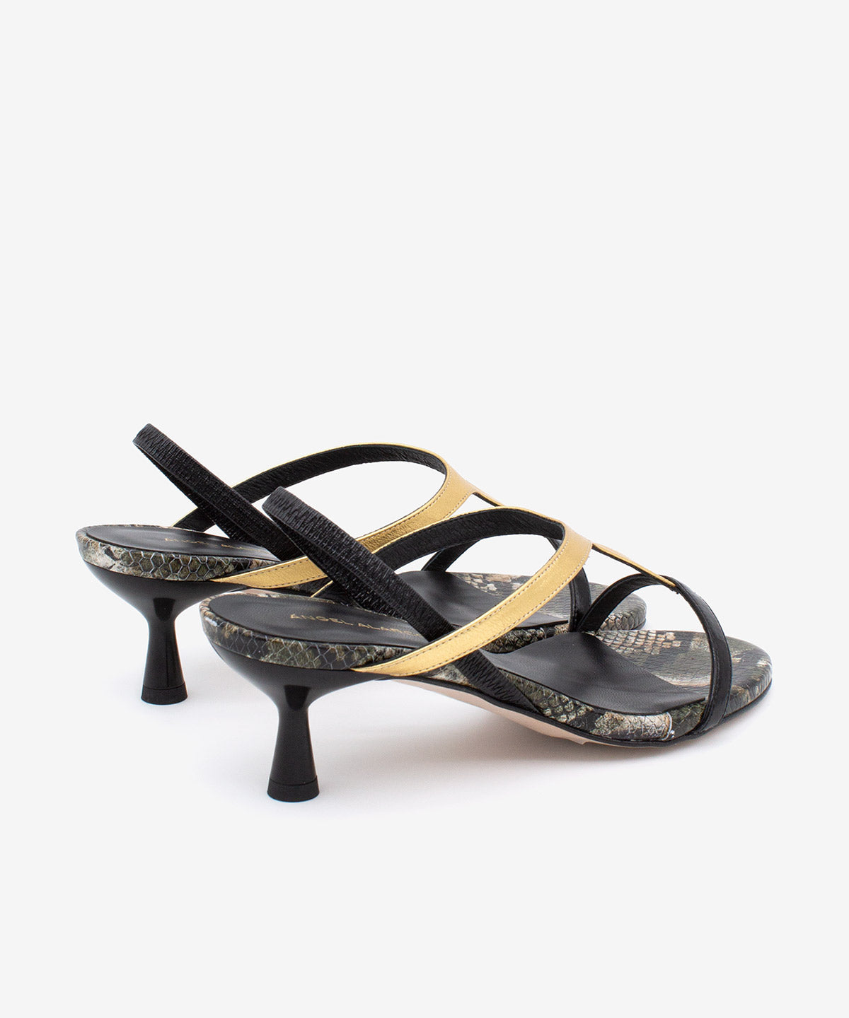 CINZA – Sandalia elegante de tacón fino medio multicolor negro dorado y print serpiente verde - Zapatos Negros - Zapatos de mujer Ángel Alarcón - Women Shoes 2026