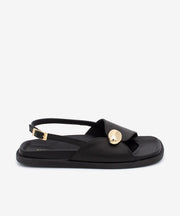 ZELINDA – Sandalia plana de piel con planta bio y adorno metálico – negro – Talla 38 – Ángel Alarcón